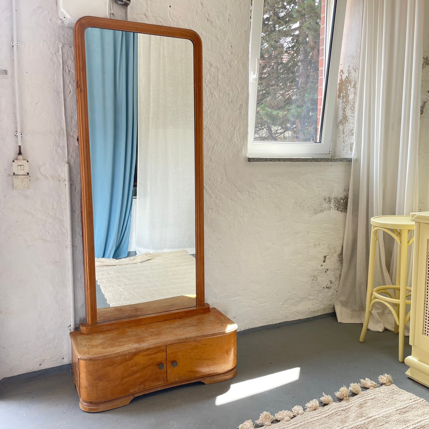 Standspiegel mit Sitzbank & Stauraum | Vintage Holzspiegel
