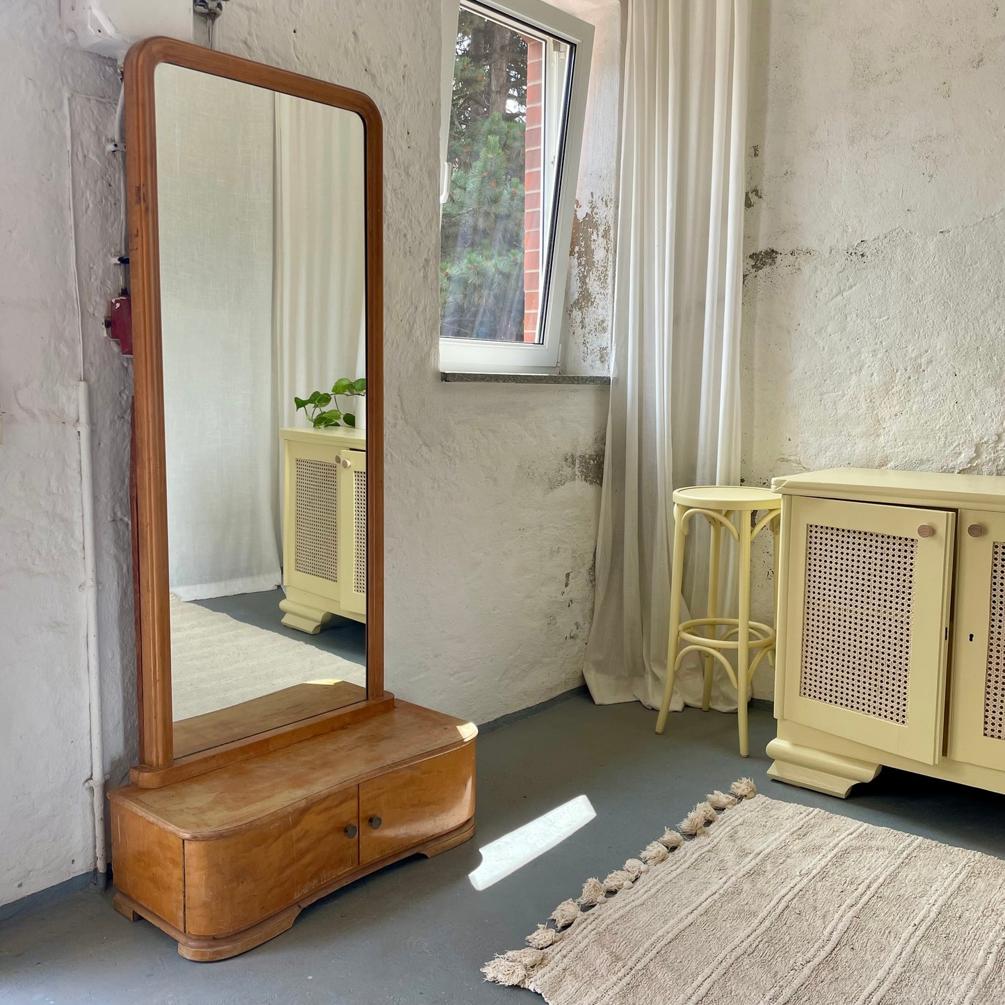 Standspiegel mit Sitzbank & Stauraum | Vintage Holzspiegel