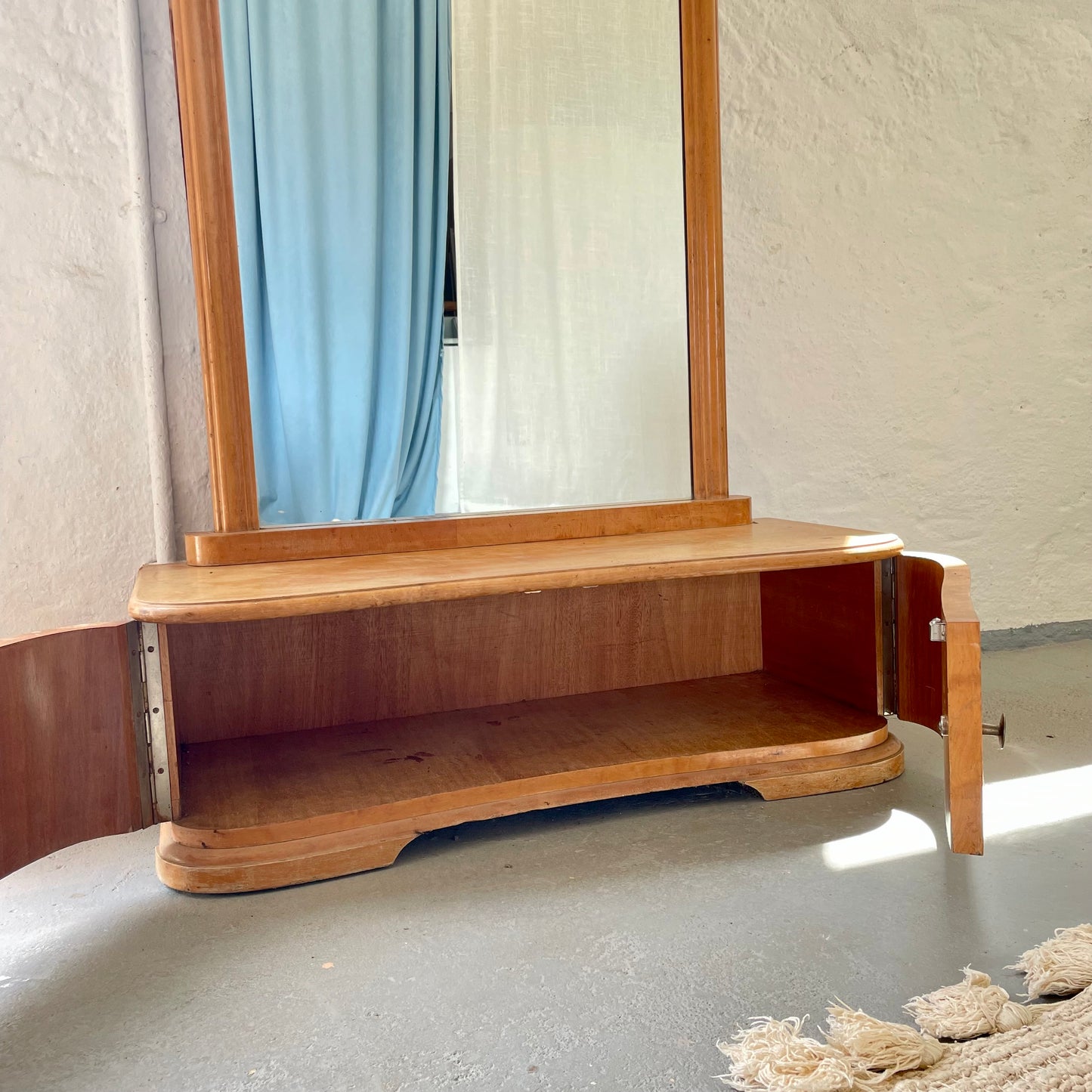 Standspiegel mit Sitzbank & Stauraum | Vintage Holzspiegel